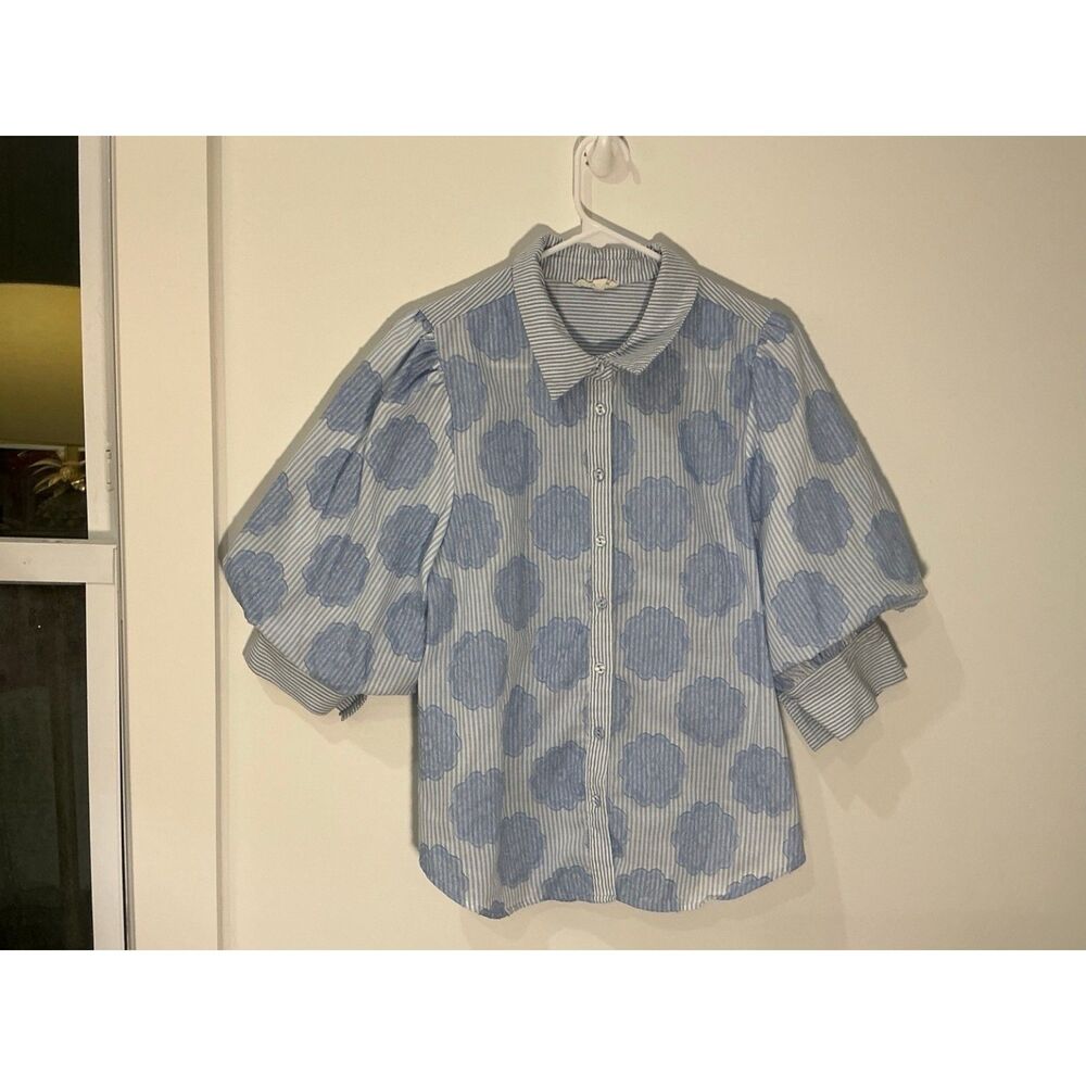 Easel Blue Floral Stripe Button Front Blouse Women’s Medium Boho Top